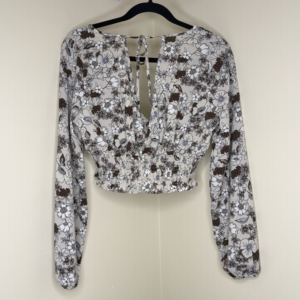 Floral Chiffon Wrap Blouse | Light & Flowy Tie-Back V-Neck Top Elastic Waist - Picture 2 of 3